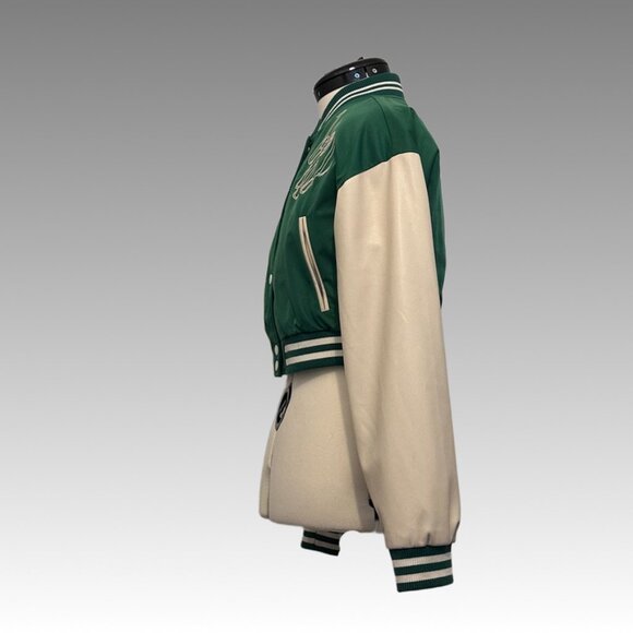 FOREVER 21 Jacket Cropped Varsity Letterman Baseball Bomber Sports Green Ivory S - Picture 8 of 15